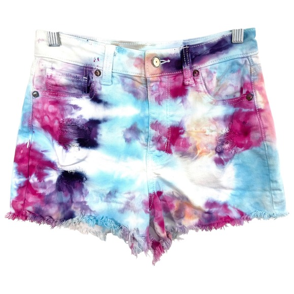 American Eagle Size 0 Denim‎ Shorts Handmade Tie Dye Distressed Raw Hem 1136 - Picture 1 of 11
